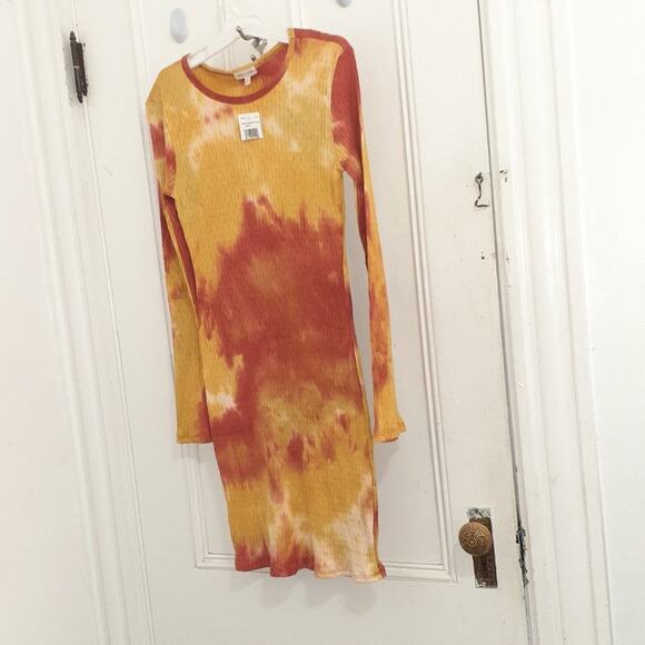 Orange /Rust Tie Dye Ribbed Bodycon Long Sleeve Dress - Picture 1 of 6